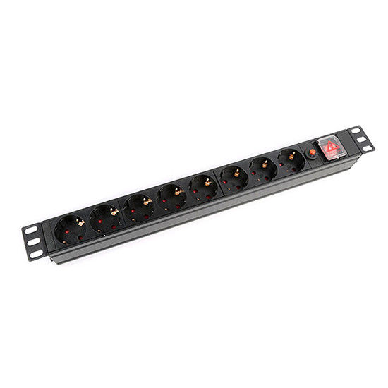 8 Way 1U Thickness Schuko PDU Power Strip with Switch and Overload Protection 250V 16A